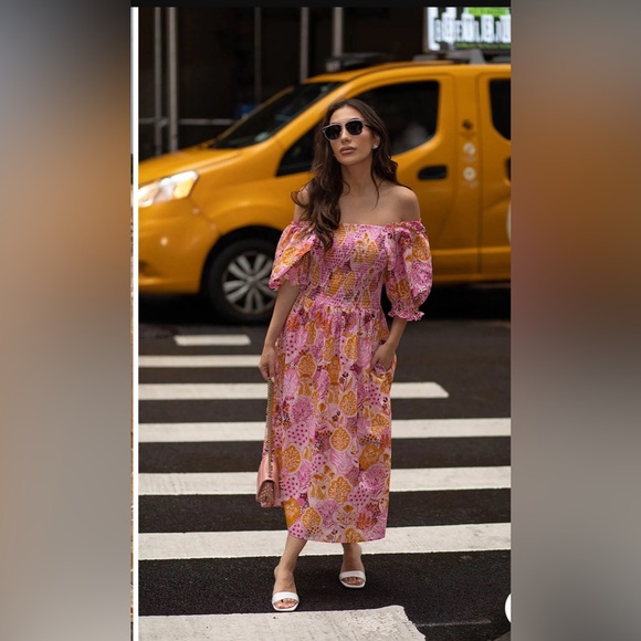 Jessie Zhoa MOUNTAIN IMAGINATION SMOCKED MIDI DRESS Pink Print size L - Picture 2 of 6